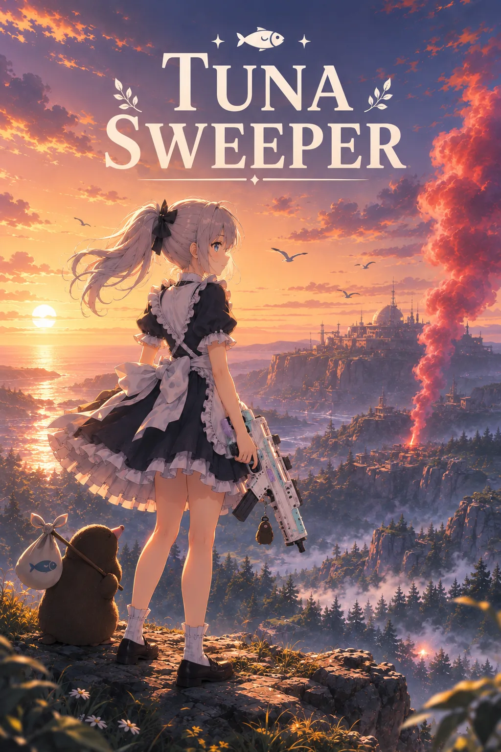 노을 진 폐허에서 루나와 두더지가 나란히 쉬는 Tuna Sweeper 라이브러리 캡슐