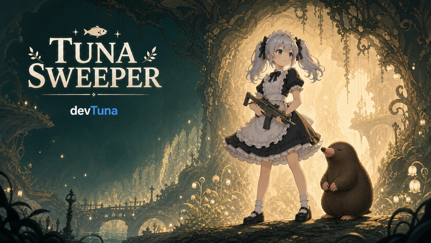 SMG를 든 루나와 두더지, 원본 Tuna Sweeper 로고가 합성된 가로 키아트