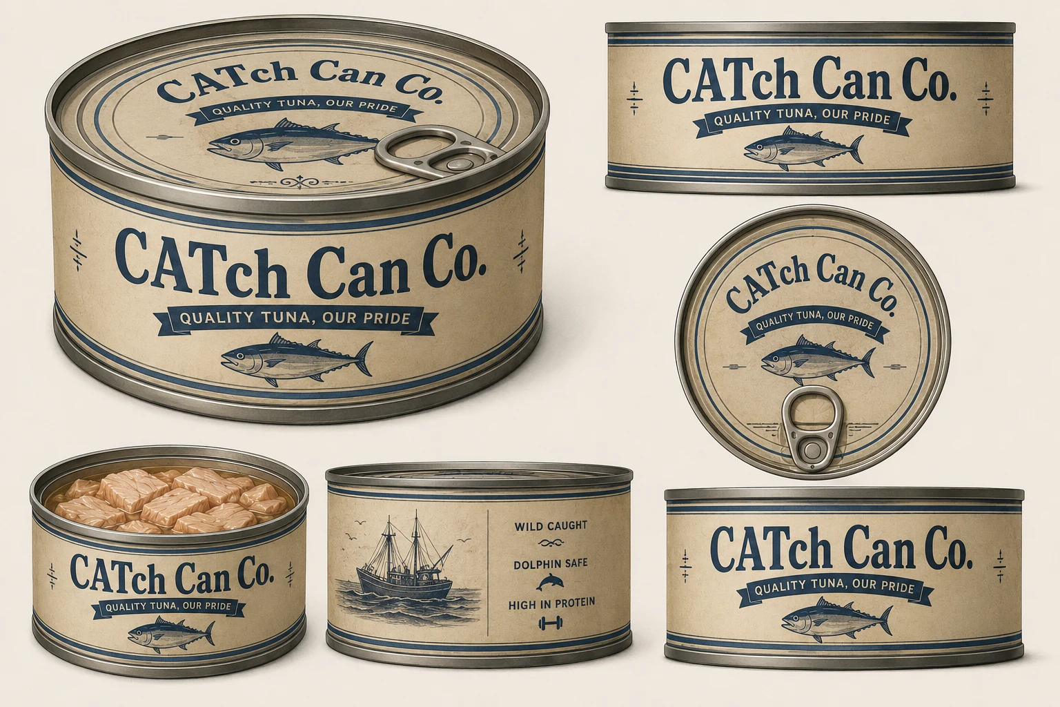 베이지 라벨과 짙은 청색 인쇄를 사용한 CATch Can Co. 고전형 참치 통조림 디자인