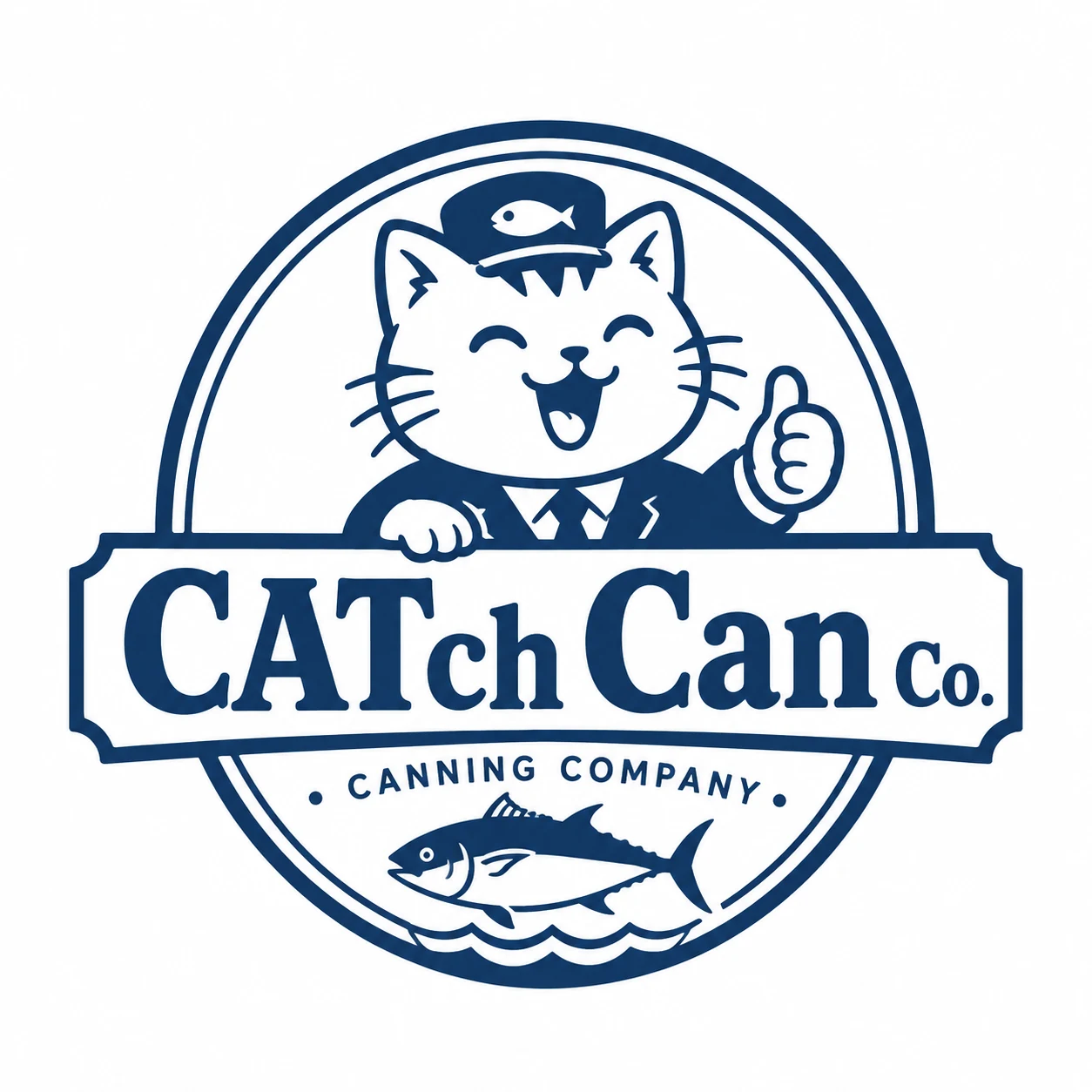 제복 모자를 쓴 고양이와 참치가 함께 배치된 CATch Can Co. 원형 기업 엠블럼