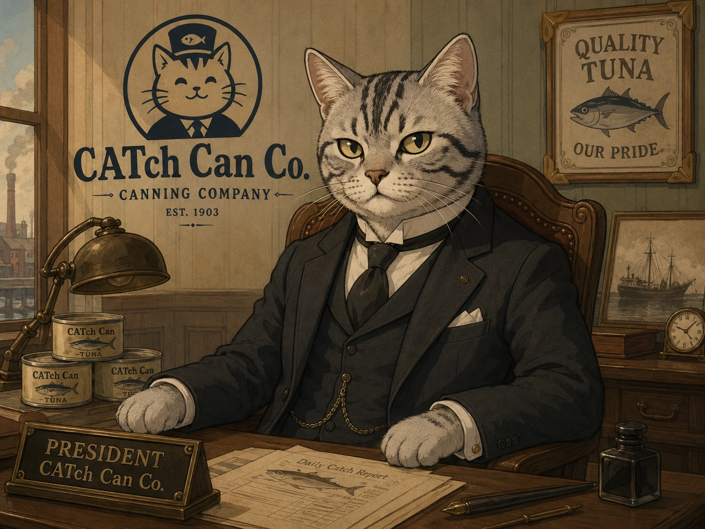 고전적인 집무실 책상에 앉아 있는 CATch Can Co. 1대 고양이 사장