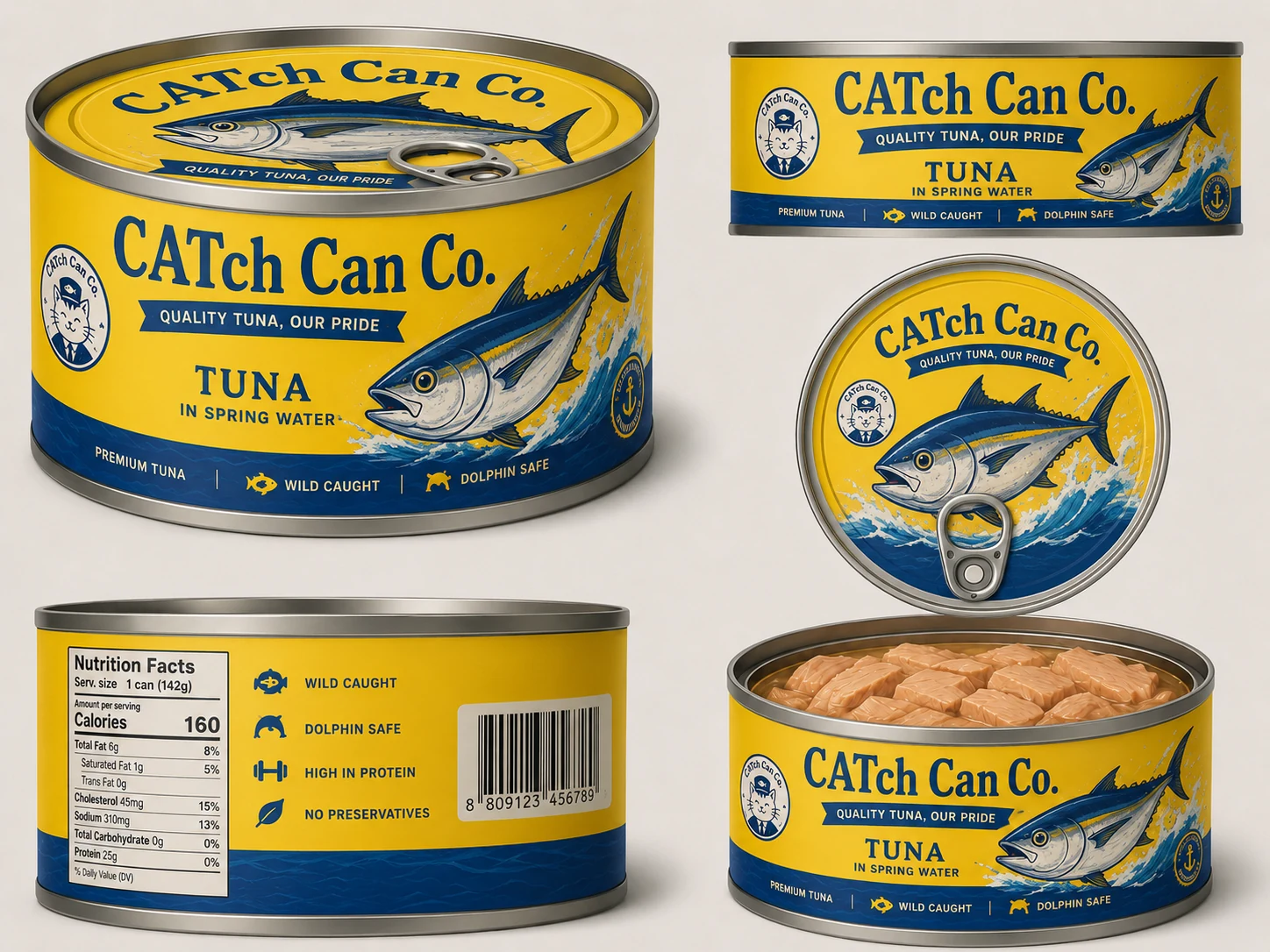 강한 노란색 바탕과 짙은 푸른색 띠를 사용한 CATch Can Co. 현대형 참치 통조림 디자인