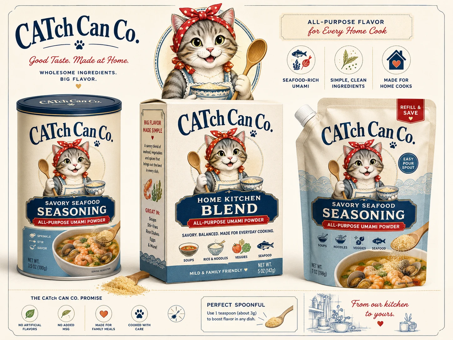고양이 요리사와 해산물 요리를 내세운 CATch Can Co. 감칠맛 조미료 제품군