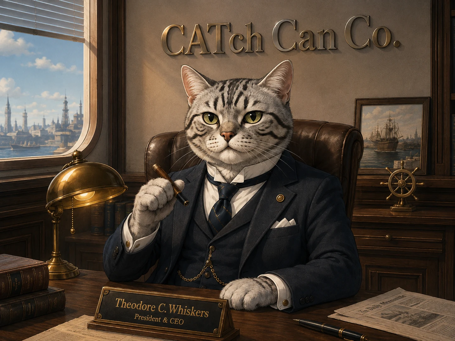 CATch Can Co. 금속 워드마크가 있는 집무실에 앉은 현 사장 Theodore C. Whiskers